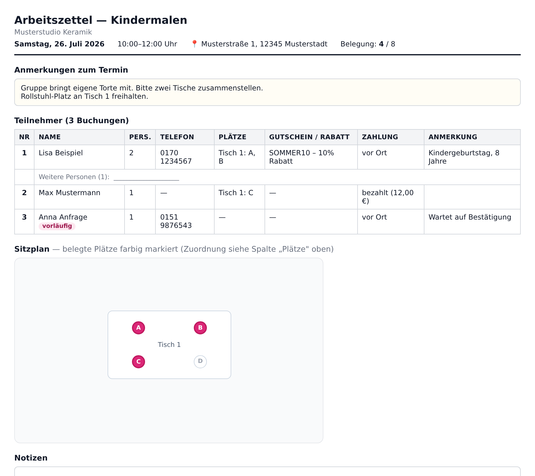 Der Arbeitszettel als PDF oder Druckansicht – Teilnehmerliste, Sitzplan und Notizfeld