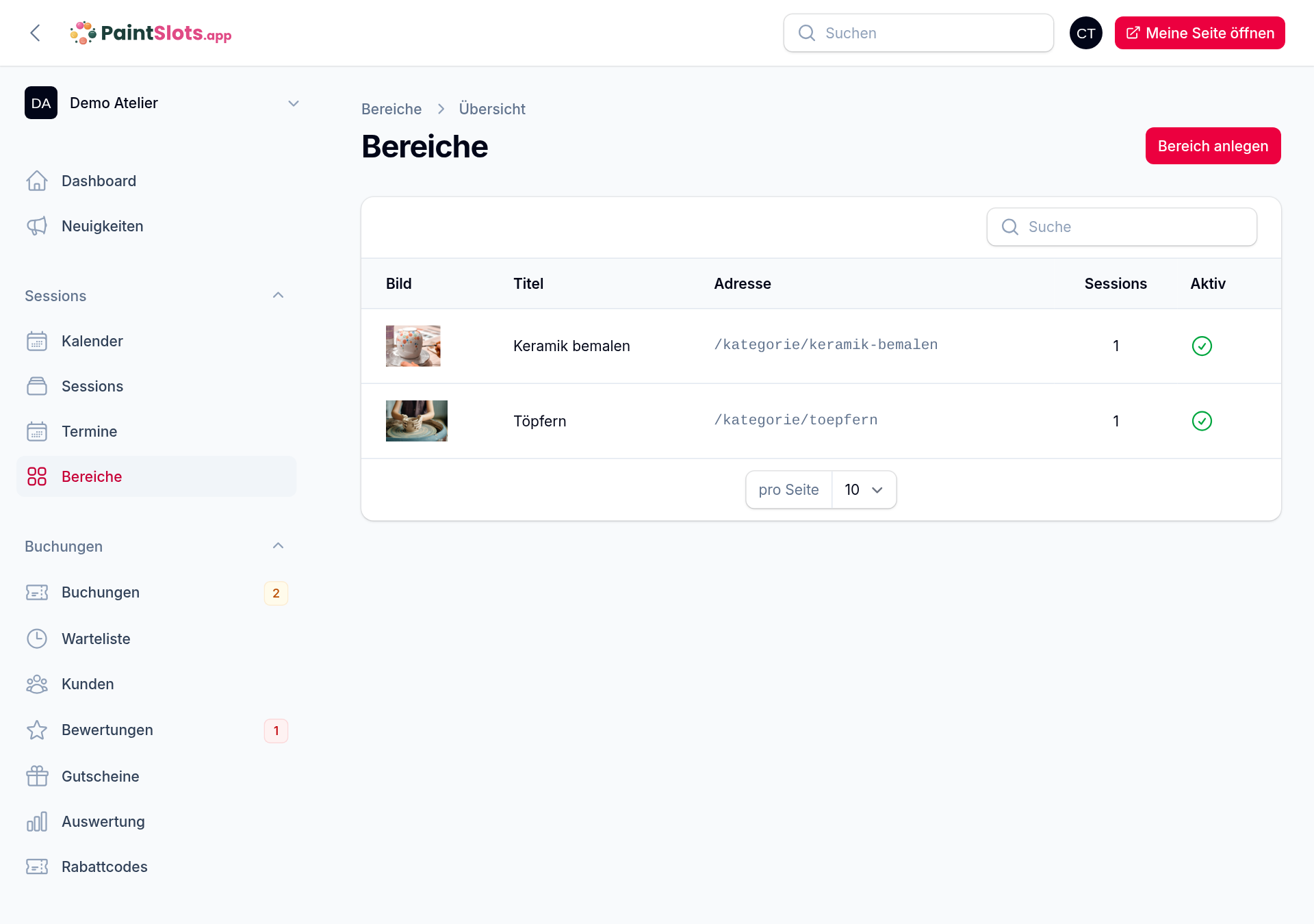 Admin → Sessions → Bereiche: angelegte Bereiche mit Bild, Adresse und Anzahl Sessions