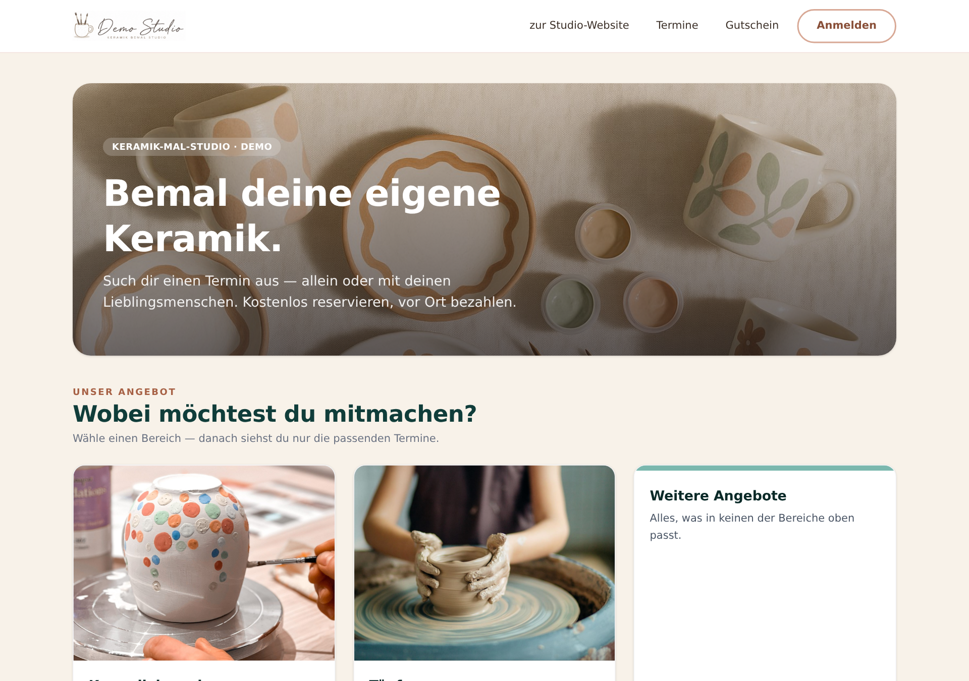 Die Startseite im Bereiche-Modus – Gäste wählen zuerst einen Bereich