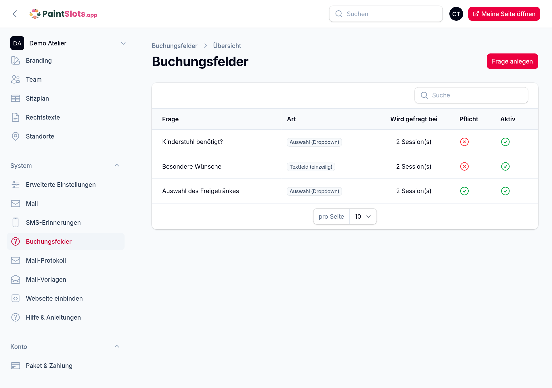 Meine Buchungsseite → Buchungsfelder: der Katalog deiner Fragen mit Art, Pflicht und „wird gefragt bei … Sessions