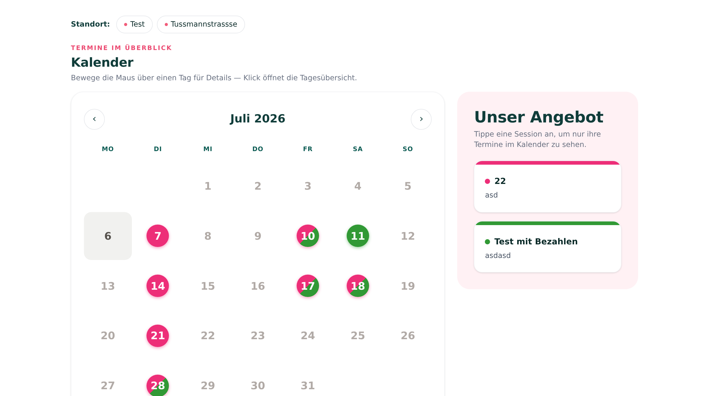 Standort-Auswahl über dem Kalender auf der Buchungsseite