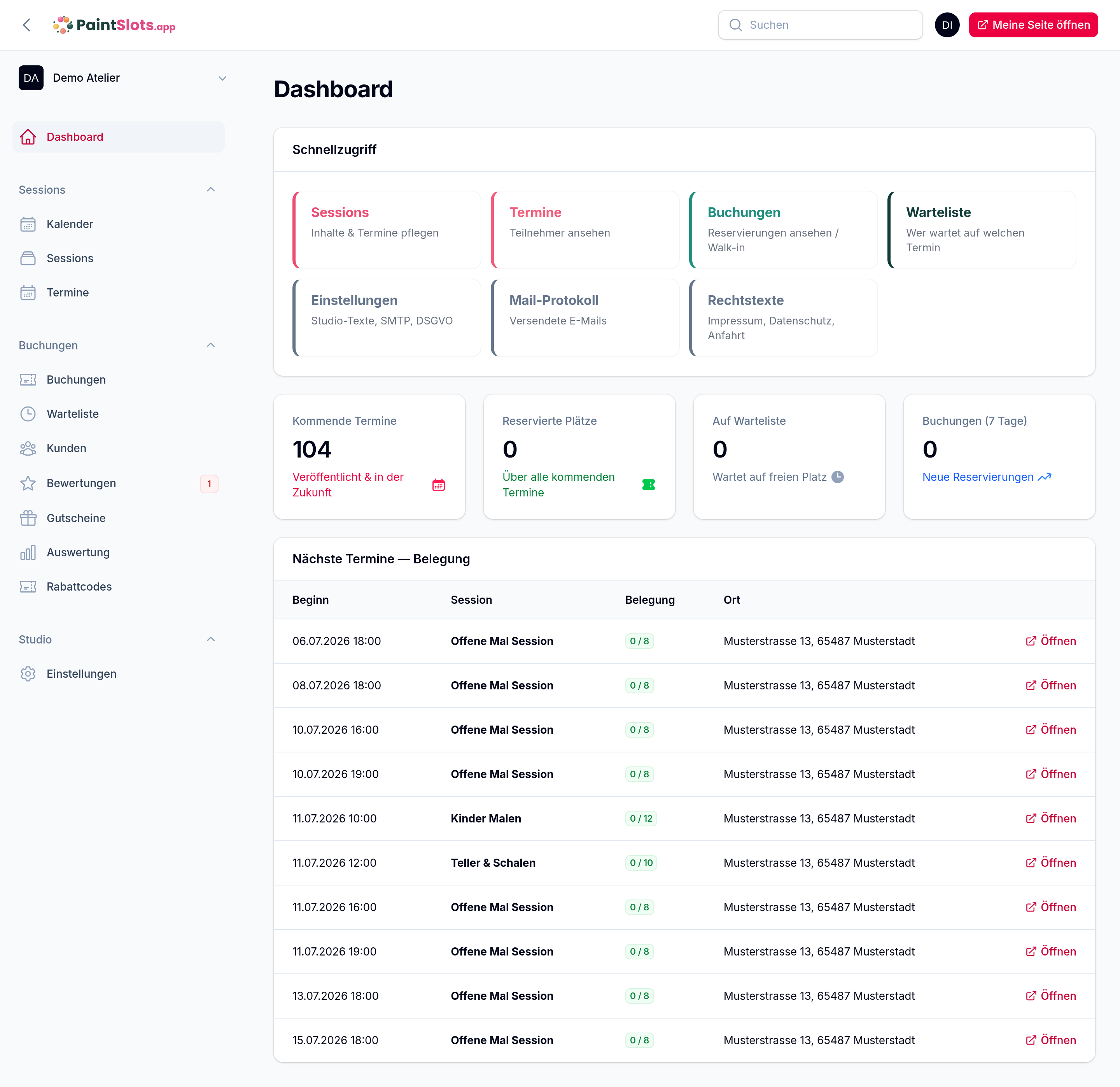 Das Dashboard mit Schnellzugriff, Kennzahlen und nächsten Terminen