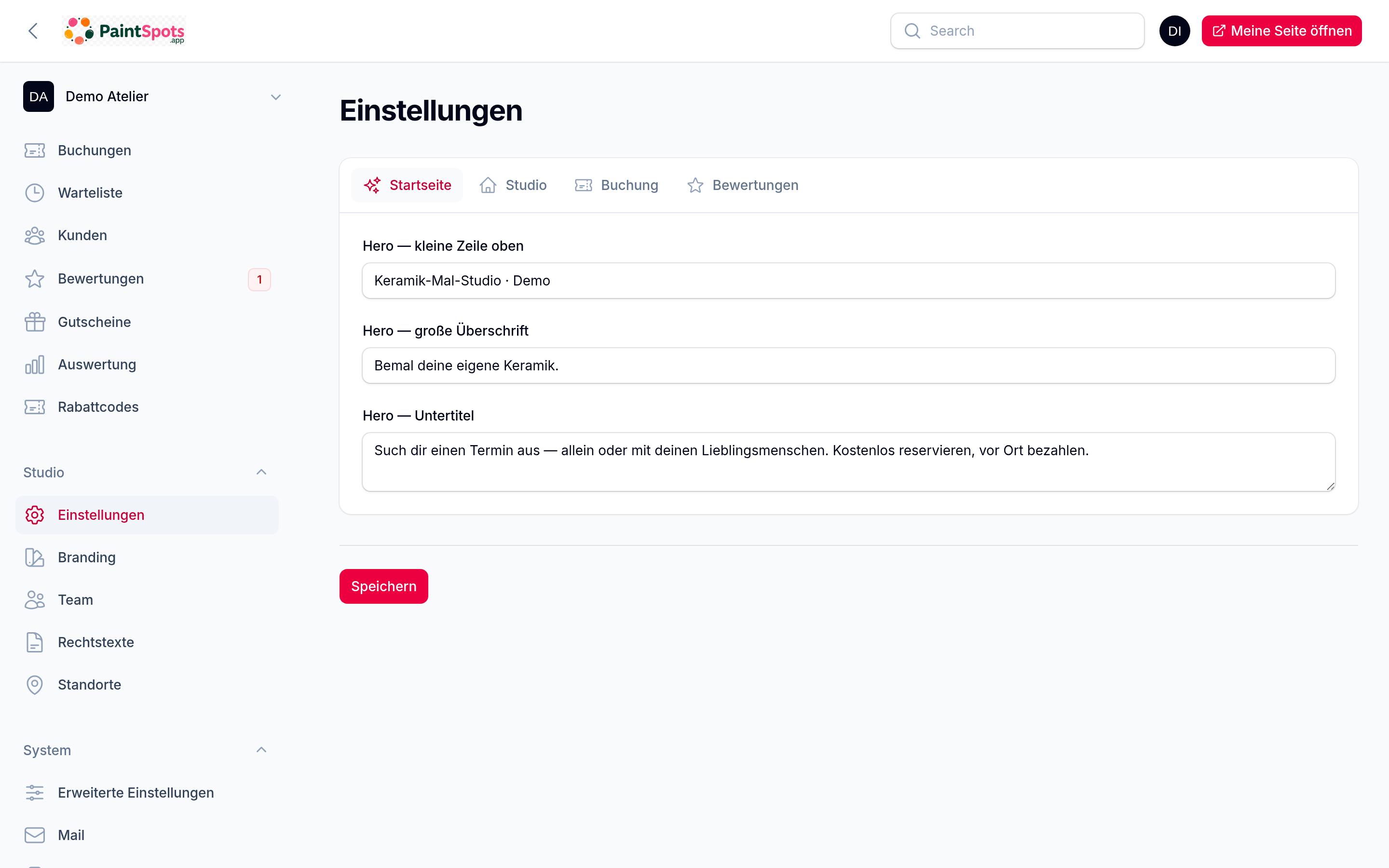 Einstellungen – Startseite, Studio, Buchung und Bewertungen