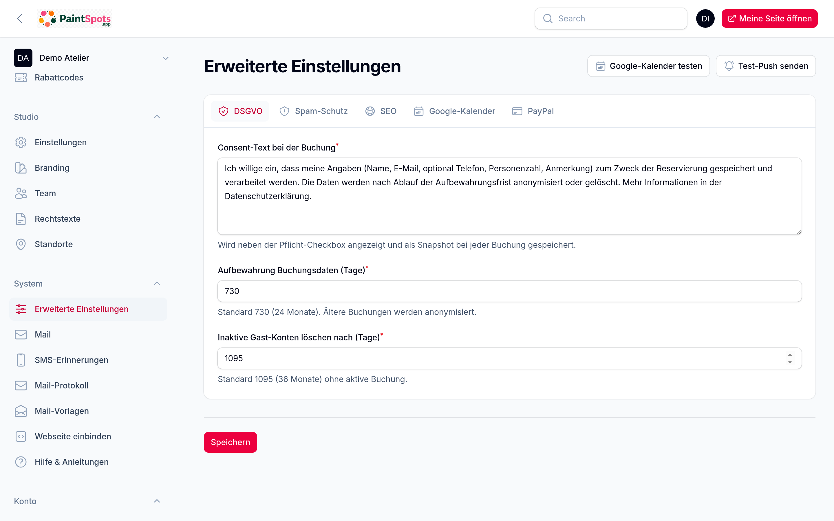 Erweiterte Einstellungen mit Tabs für DSGVO, Spam-Schutz, SEO, Google & PayPal