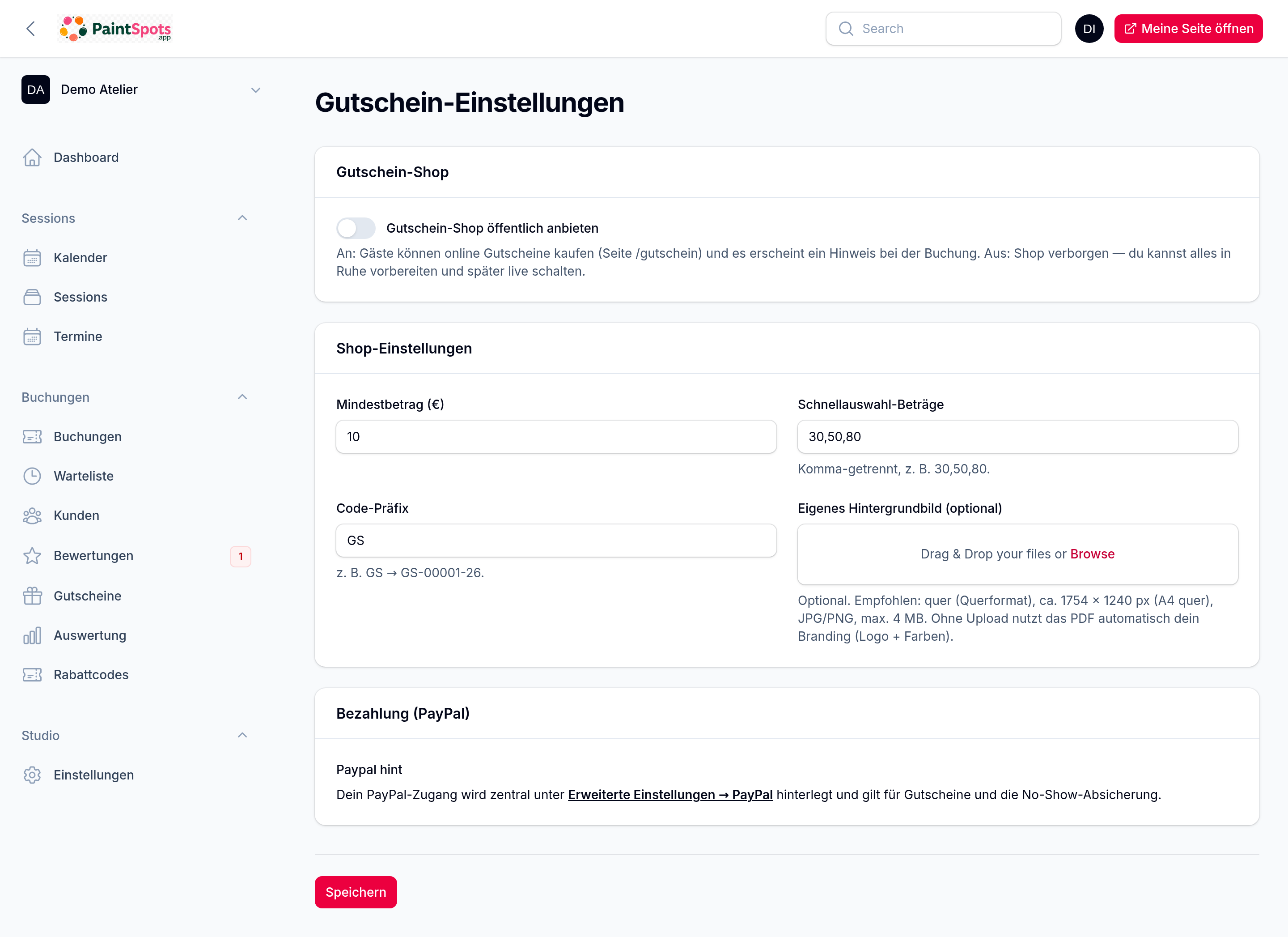Gutschein-Einstellungen – Shop an/aus, Beträge, Hintergrundbild