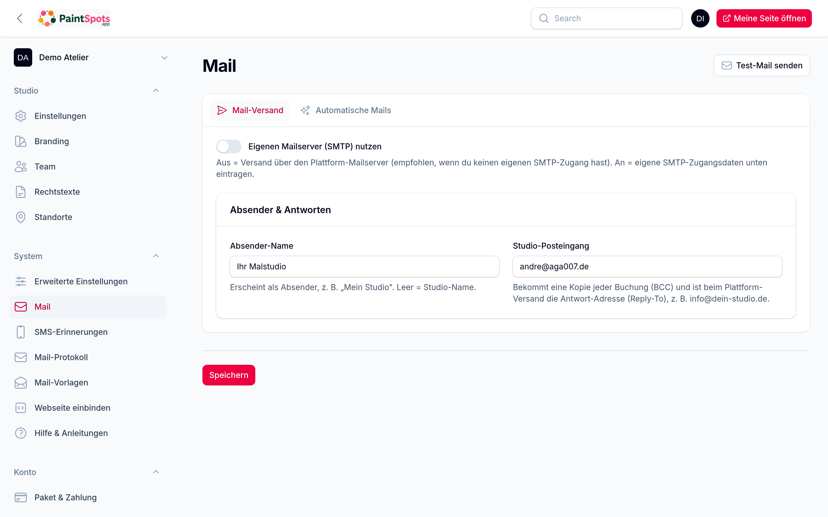 Mail-Bereich – Versand/SMTP und automatische Mails