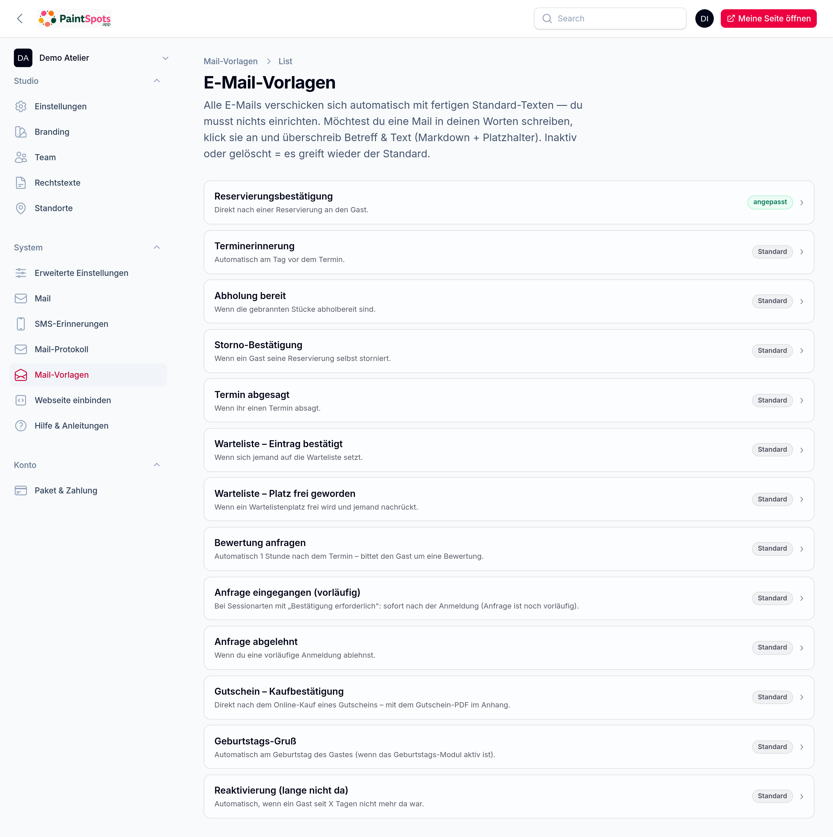 Mail-Vorlagen – Betreff und Text je Mail-Typ bearbeiten