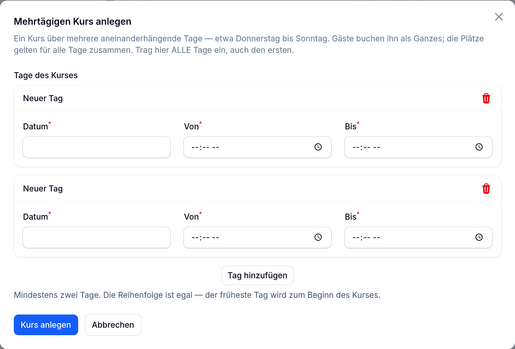 Das Formular Mehrtägigen Kurs anlegen mit einer Zeile je Tag