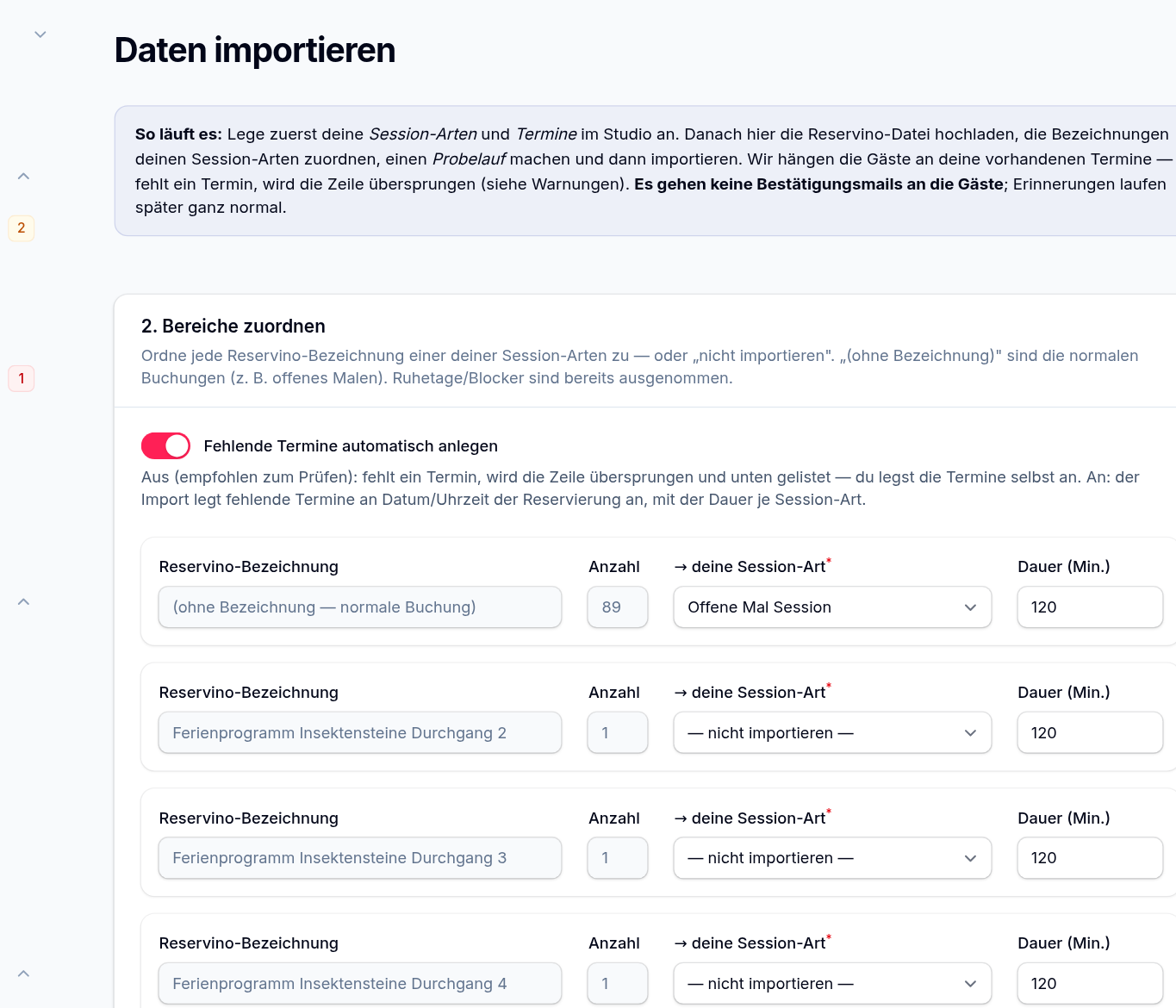 Schritt 2 – jede Reservino-Bezeichnung einer Session-Art zuordnen; optional fehlende Termine automatisch anlegen
