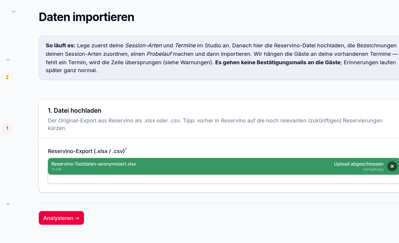 Schritt 1 – Reservino-Export als .xlsx oder .csv hochladen und „Analysieren