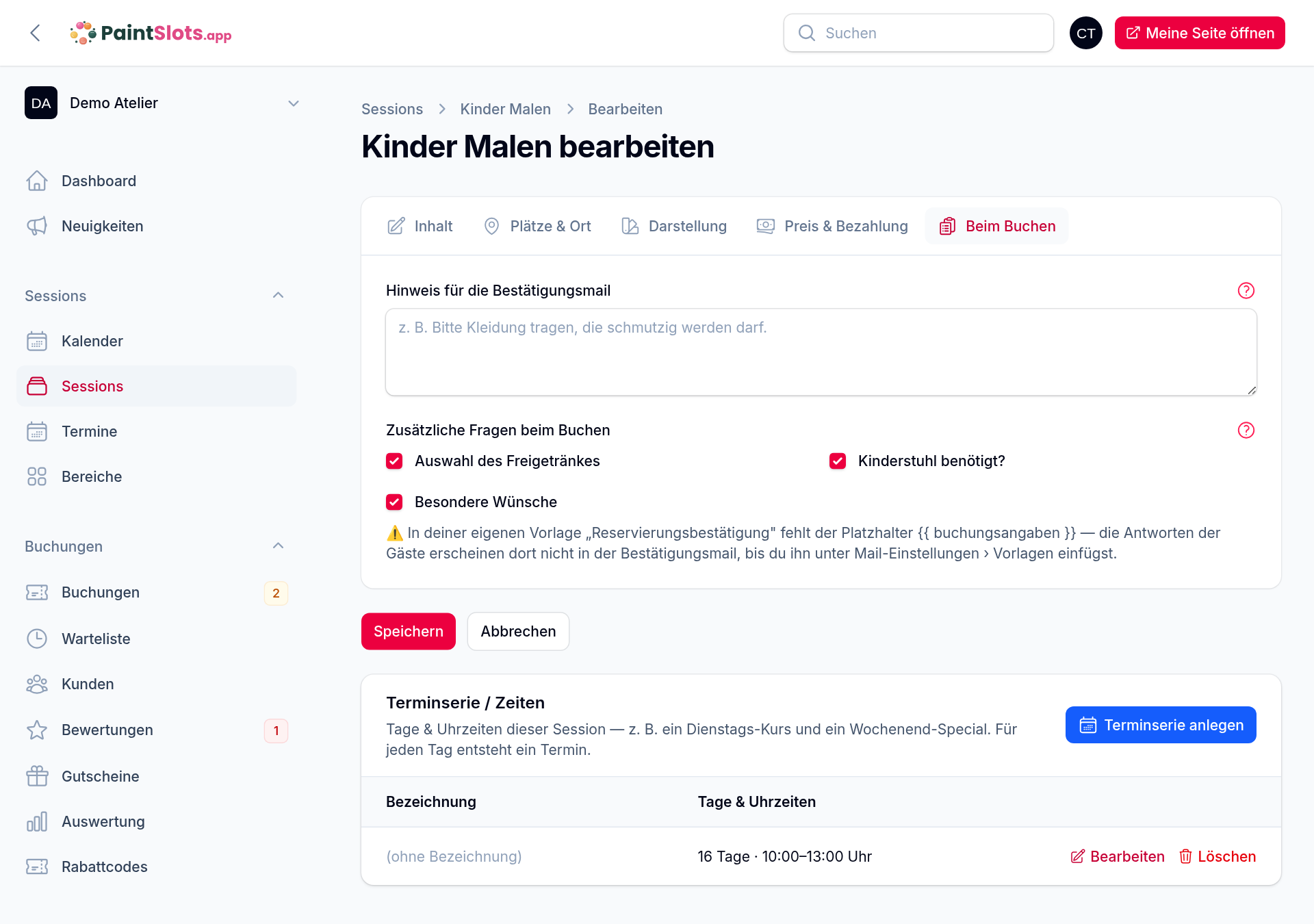 Session bearbeiten → „Beim Buchen