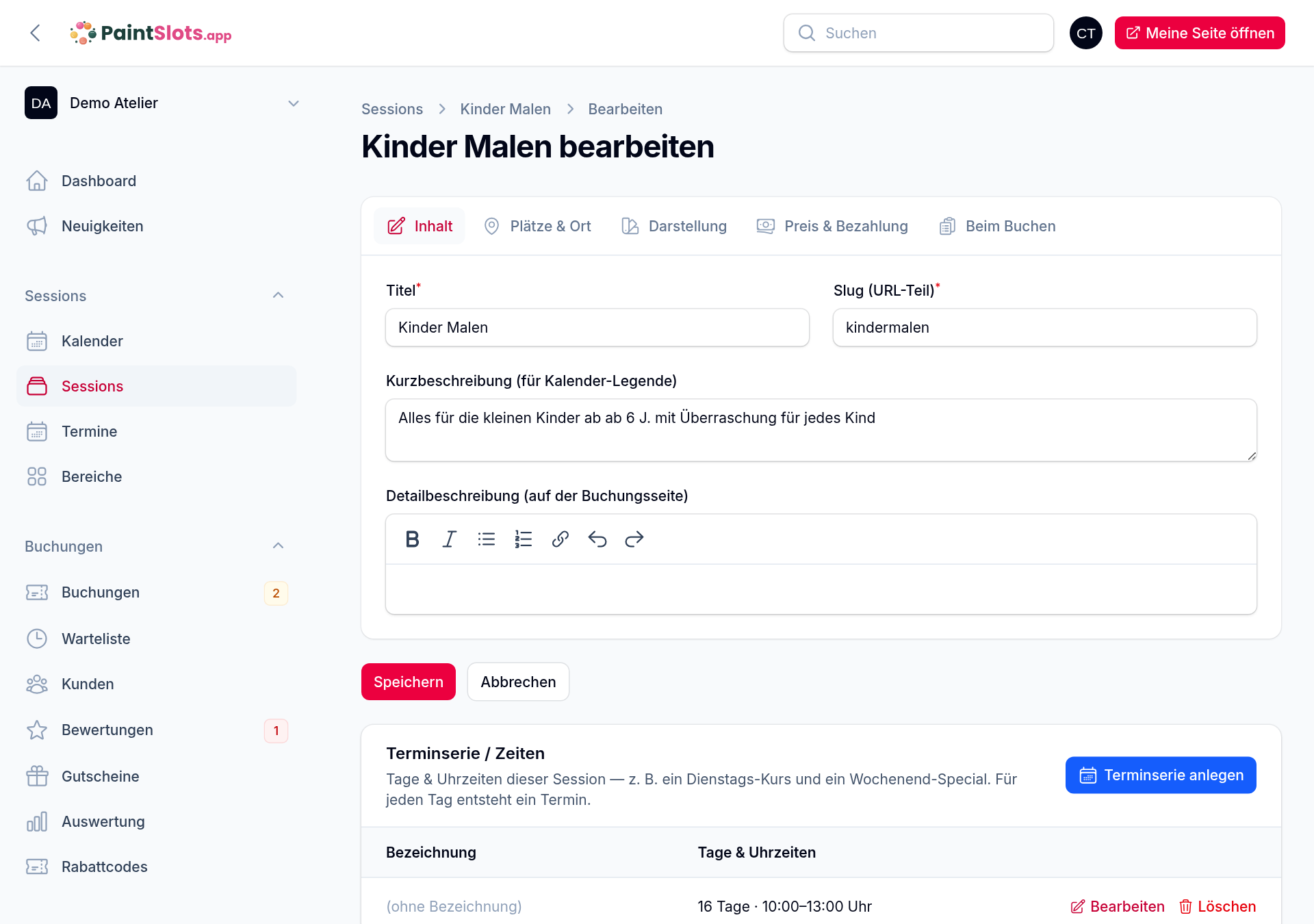 Session bearbeiten mit den fünf Registerkarten