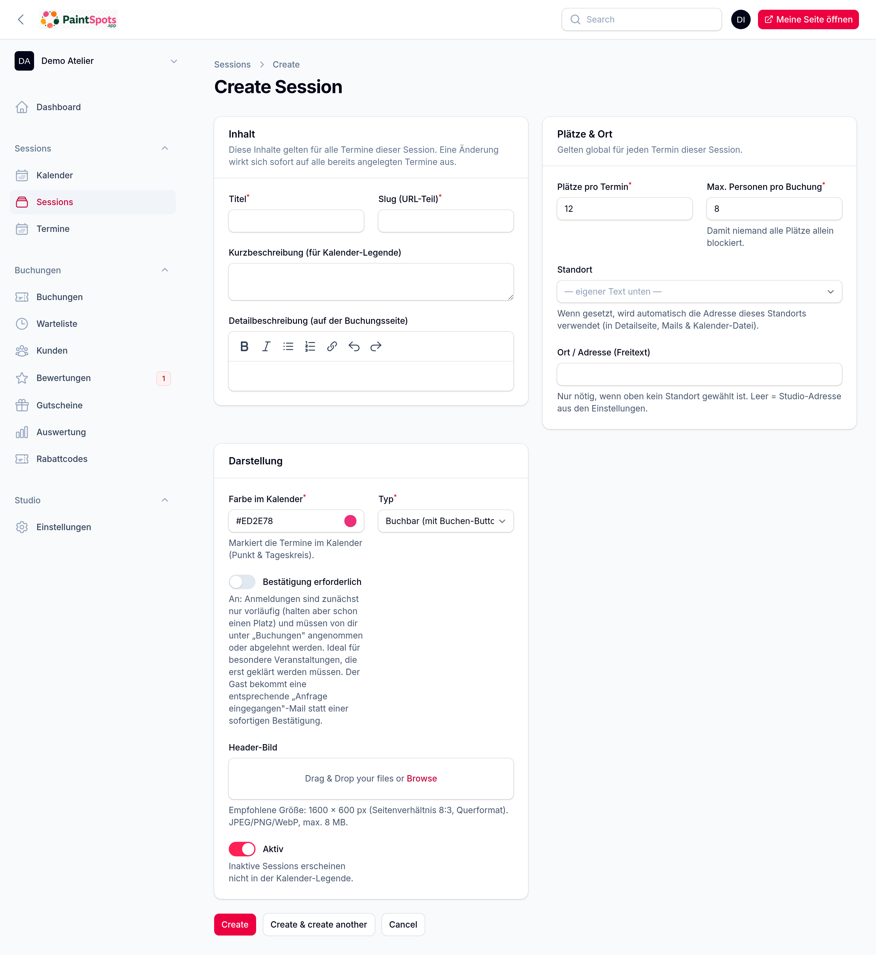 Neue Session – Plätze, Personen pro Buchung, Ort und Darstellung