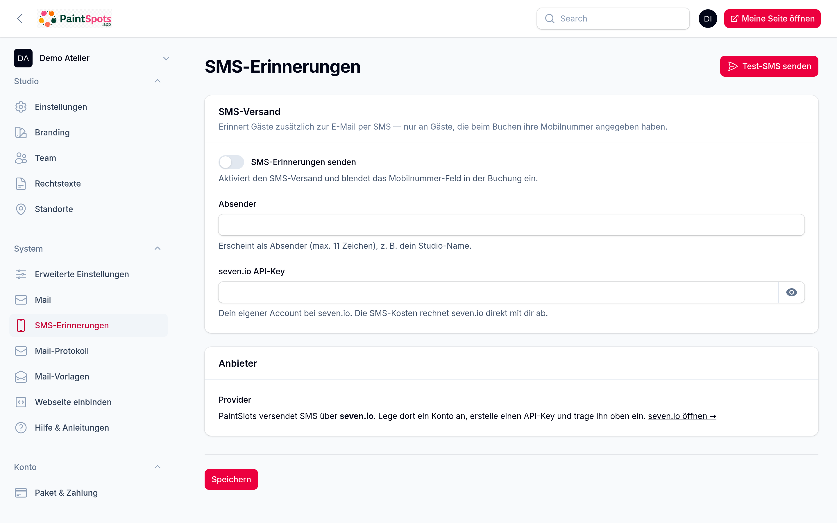 SMS-Erinnerungen – Schalter, Absender, API-Key und Test-SMS
